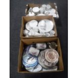 Three boxes containing continental white and gilt tea and dinner service, RAF collector's plates,