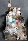 Three boxes of glass, china, LLadro figure, large resin cow boy etc.