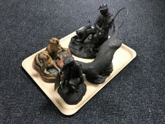 A tray containing a Border Fine Arts figure of two dogs on plinth,