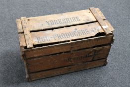 A vintage agricultural crate stamped "YORKSHIRE EGG PRODUCERS LTD.