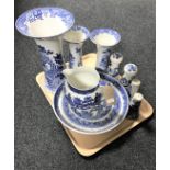 A tray of blue and white willow pattern china to include three Masons vases (a/f), Tams ware jug,