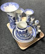 A tray of blue and white willow pattern china to include three Masons vases (a/f), Tams ware jug,