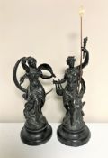 A pair of antique spelter figures on wooden bases