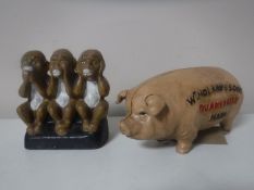 A novelty cast iron Quaker City Hams money box and a three wise monkeys money box