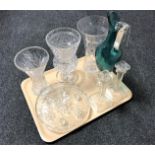 A tray of assorted glass ware to include Waterford crystal vase (a/f), two further glass vases,