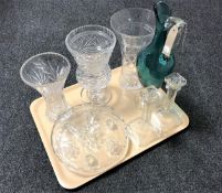 A tray of assorted glass ware to include Waterford crystal vase (a/f), two further glass vases,