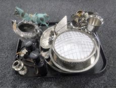 A tray of assorted plated wares, two commemorative crowns, set of pathescope field glasses,