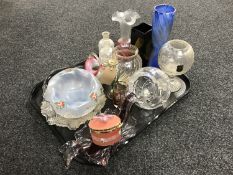 A tray containing assorted antique and later glass ware include Rockingham crystal bowl,