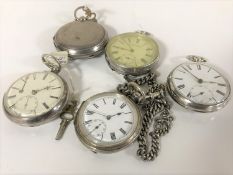 A collection of five silver pocket watches to include - a fusee driven example dated 1874 with no.