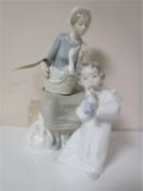 A Lladro figure of an angel together with a Nao figure of a seated lady with duck in basket