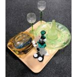 A tray containing Murano glass clown, green Art Deco glass bowl with centre piece,