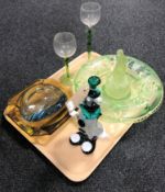 A tray containing Murano glass clown, green Art Deco glass bowl with centre piece,