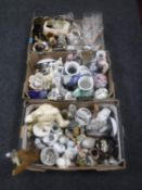 Three boxes containing assorted china and glass ware including Sylvac bowl, Leonardo figures,