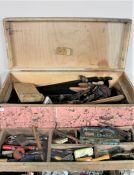 A 20th century plywood and pine tool box containing a large quantity of joinery tools