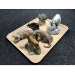 A tray containing six porcelain Aynsley animal figures; Owl, Sheepdog, Pig, Labrador,