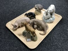 A tray containing six porcelain Aynsley animal figures; Owl, Sheepdog, Pig, Labrador,