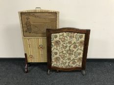 An early twentieth century oak tapestry fire screen together with an Arts and Crafts screen