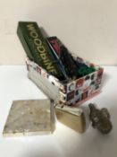 A box containing miscellany to include Salter pocket balance scales mother of pearl inlaid card