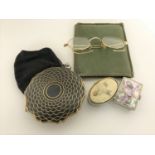 A box of tortoiseshell compact and one other, vintage spectacles, purse,