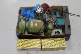 A box containing power tools including Black & Decker jigsaw, Wolf belt sander with pads,