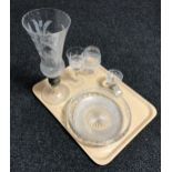 A tray containing Edinburgh crystal hurricane lamp, brandy glass and fruit bowl,