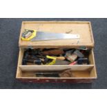 A mid 20th century plywood tool box containing joiners tools
