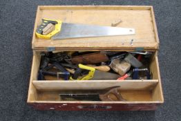 A mid 20th century plywood tool box containing joiners tools