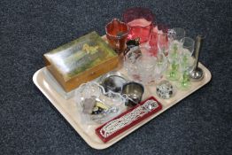 A tray containing cranberry glass jug and bowl liqueur glasses, carnival glass jug,