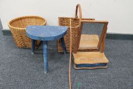 A wicker basket, milking stool,