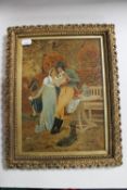 A Victorian gilt framed oil on board, figures in a garden, signed E.