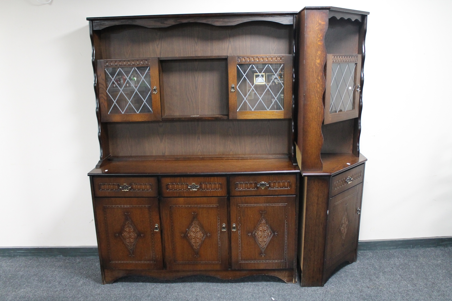 A ten piece oak dining room suite : dresser, corner display cabinet, - Image 2 of 3