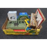 A box containing tins, Wisdon Table Tennis set, Monopoly Board game,