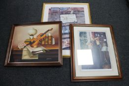 A framed oil on board, violin with sheet music, signed W.
