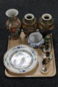 A tray containing oriental wares including Chinese pottery figures, pair of Japanese Kutani vases,