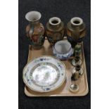 A tray containing oriental wares including Chinese pottery figures, pair of Japanese Kutani vases,