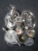 A tray of silver egg cup, and various silver plated wares, teapot,