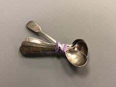 Seven Newcastle silver salt and mustard spoons (six Georgian one Victorian)