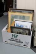 A box of continental pictures and prints, signed engraving, watercolour etc.