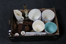 A box containing china planters including Hornsea, a Honiton table lamp base,