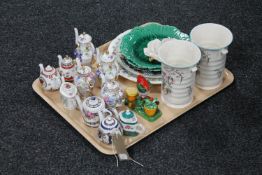 A tray of pair of Sylvac vases, antique pottery condiment set in the form of a parrot, wall plates,