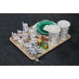 A tray of pair of Sylvac vases, antique pottery condiment set in the form of a parrot, wall plates,