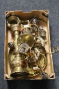 A box containing antique and later brass ware including brass planters, charger, pestle and mortar,