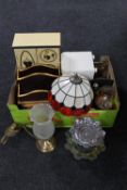 A box containing Tiffany style table lamp with shade, pair of brass hurricane lamps,