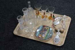 A tray containing assorted glassware to include crystal animal figures, glass clown,