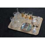 A tray containing assorted glassware to include crystal animal figures, glass clown,