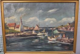 A twentieth century gilt framed continental school oil on canvas - Harbour, indistinctly signed.