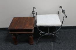 A wrought iron dressing table stool together with a lamp table