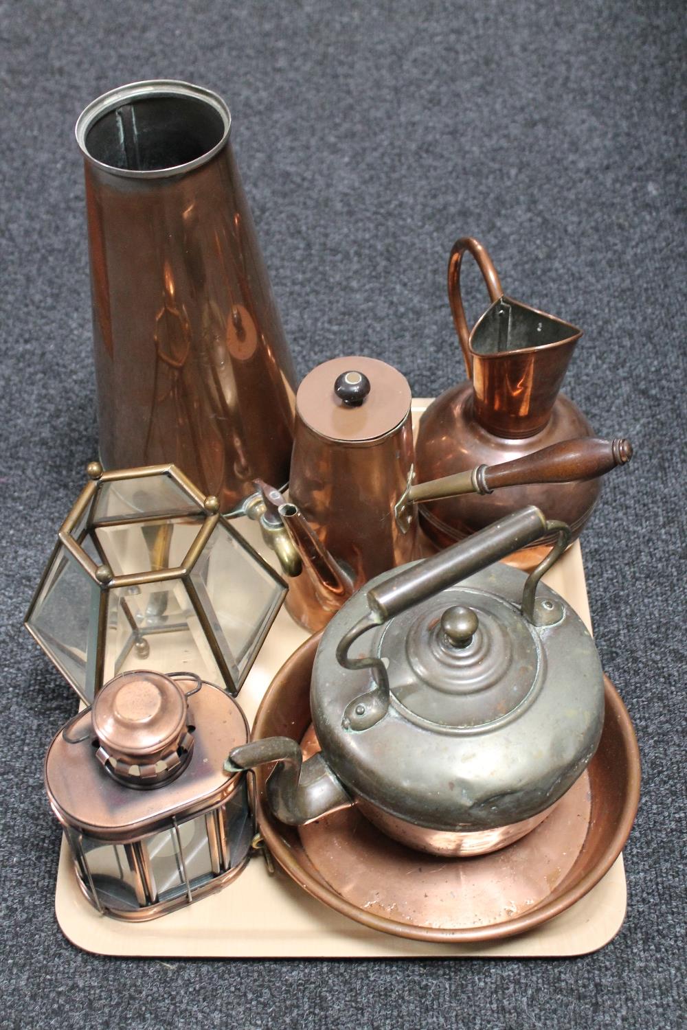 A tray of antique and later copper kettles, teapots, jugs, twin handled pan,