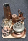 A tray of antique and later copper kettles, teapots, jugs, twin handled pan,