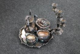 A four piece Sonsdale silver plated tea service on tray together with three way candelabrum